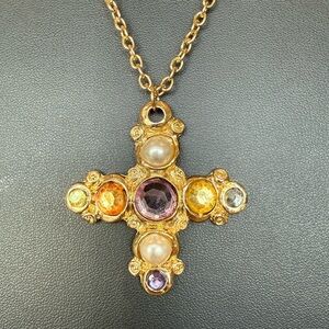 Gold Tone Embellished Maltese Cross Style Pendant Necklace Gold Tone 36”